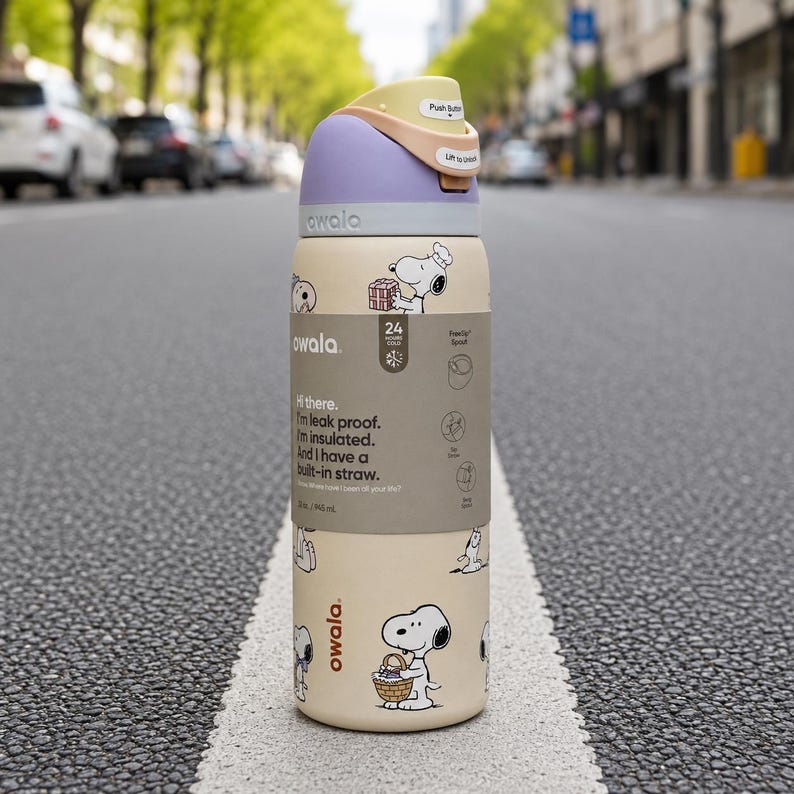 Puede incluir: Una botella de agua Owala beige con tapa morada y gr&aacute;ficos de dibujos animados de Snoopy. La botella tiene una pajita incorporada y es a prueba de fugas y aislada. La botella tiene el texto "Hola. Soy a prueba de fugas. Estoy aislado. Y tengo una pajita incorporada."