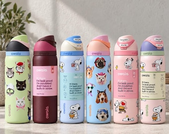 Owala Snoopy-Trinkflasche (946 ml/710 ml), Kirsche, Hunde-Collage, niedlicher isolierter Reisebecher, wiederverwendbare Trinkflasche mit Strohhalm, ideales Geschenk für den Alltag