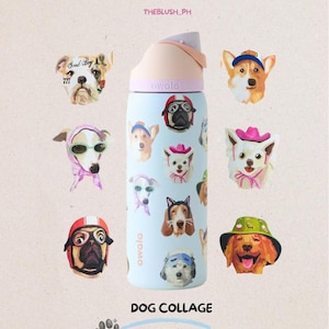 Pu&ograve; includere: Una borraccia Owala azzurra da 32oz con un collage di varie razze canine che indossano accessori come cappelli, caschi e occhiali da sole. La borraccia ha un tappo rosa chiaro e il testo THEBLUSH_PH, DOG COLLAGE, 32OZ &egrave; visibile.