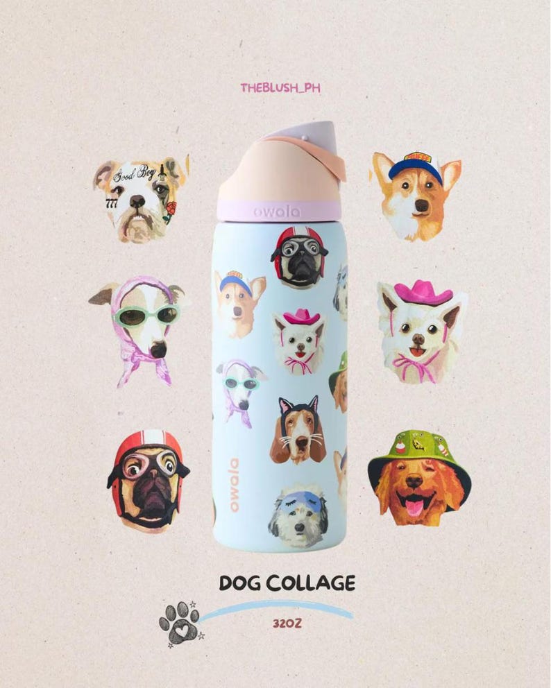Pu&ograve; includere: Una borraccia Owala azzurra da 32oz con un collage di varie razze canine che indossano accessori come cappelli, caschi e occhiali da sole. La borraccia ha un tappo rosa chiaro e il testo THEBLUSH_PH, DOG COLLAGE, 32OZ &egrave; visibile.