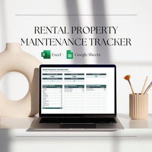 May include: A laptop screen displaying a Rental Property Maintenance Tracker dashboard compatible with Excel and Google Sheets. The interface features tables for spend by category, property, and vendor, alongside summary boxes for total costs.
