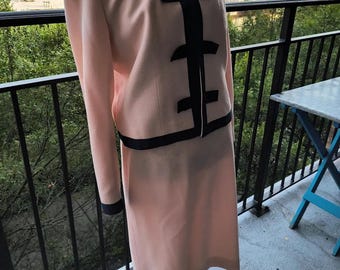 Lilli Ann 2pc Jacket and Skirt Suit Light Coral with Navy Blue Trim