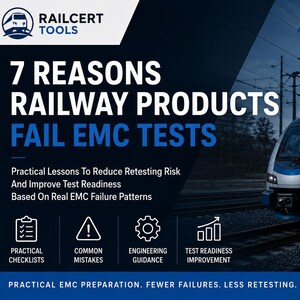 Può includere: Immagine promozionale per un kit di strumenti di ingegneria pratica. L'immagine presenta un treno moderno e il testo "7 MOTIVI PER CUI I PRODOTTI FERROVIARI FALLISCONO I TEST EMC." L'immagine include anche icone e testo.