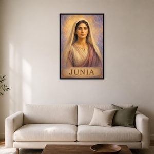 May include: A framed wall art print featuring a portrait of a person with a head covering, rendered in a painterly style with soft yellow and purple hues. The name JUNIA is printed in capital letters at the bottom of the rectangular artwork.