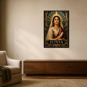 May include: A rectangular wall art print featuring a portrait of a woman with a head covering, holding a scroll. The design includes gold and dark teal geometric art deco style framing with the name JUNIA printed in gold at the bottom center.
