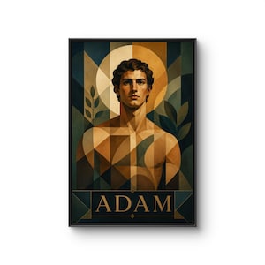May include: A framed wall art print featuring a stylised portrait of a person with dark curly hair, set against a geometric background of brown, gold, and teal tones. A circular halo sits behind the head, and the word ADAM is printed in gold.