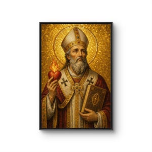 May include: A framed mosaic-style wall art print depicting a bearded bishop wearing a mitre and ornate red and gold vestments. The figure holds a flaming red heart in one hand and a closed, detailed book in the other, set against a gold background.