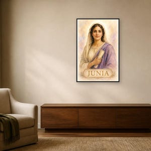 May include: A framed wall art print featuring a portrait of a woman with a head covering, wearing a white garment with a purple shawl, holding a scroll. The name JUNIA is printed in gold lettering at the bottom of the rectangular artwork.