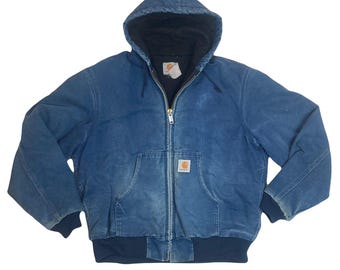 Chaqueta con capucha de lona de pato Carhartt Workwear estilo vintage de los años 90 – Abrigo grueso con cremallera y forro polar