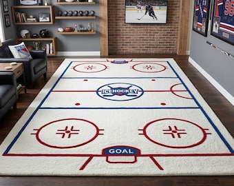 Ice Hockey Rink Rug, Hand Tufted Wool Area Carpet, Sports Game Room Decor, Plush Kids Playroom Fan Cave Statement Rug