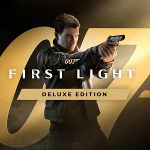Può includere: Una copertina di videogioco con un uomo in giacca scura che impugna una pistola. Il testo recita 007, FIRST LIGHT e DELUXE EDITION. Lo sfondo presenta un grande logo 007 dorato su sfondo scuro, con l'uomo posizionato al centro.