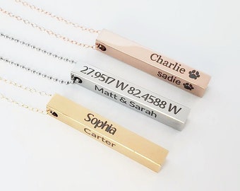 Custom Engraved 4 Sided Bar necklace,Custom Handwriting bar necklace, Pet Name Necklace, Mom Gift, Coordinate Necklace,Vertical Bar necklace