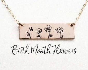 Custom Birth Month Bar Necklace, Mothers day Gift for Grandmas, 1-6 Flowers, 14k Gold Filled Personalized  Necklace, Flower Bar