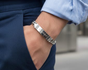 Engraved Men's ID Bracelet, Custom Couple Bracelet, Silver Link ID bracelet, Valentines Day, Father's Day Gift for Dad Boyfriend Husband