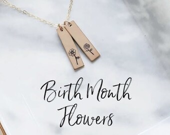 Birth Month Flower Necklace, Gift for Mom, Personalized Silver Necklace ,Rose gold filled, Grandma Gift, Gift for Her, Vert bar