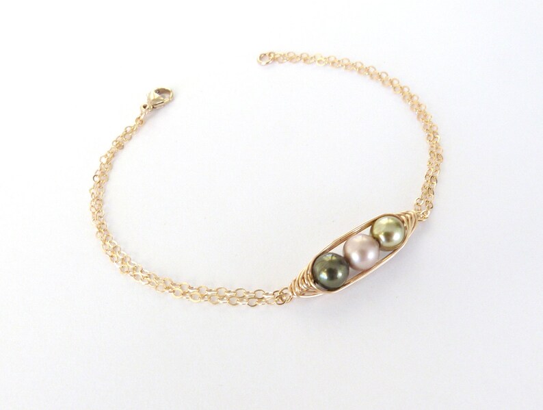 Gold Pearl Pea Pod Bracelet Personalized Birthstone Bracelet Etsy