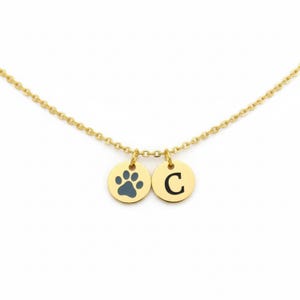 Op de afbeelding: Een goudkleurige ketting met twee ronde hangers. E&eacute;n hanger toont een blauwe pootafdruk en de andere de zwarte letter "C". De ketting is ook goudkleurig.
