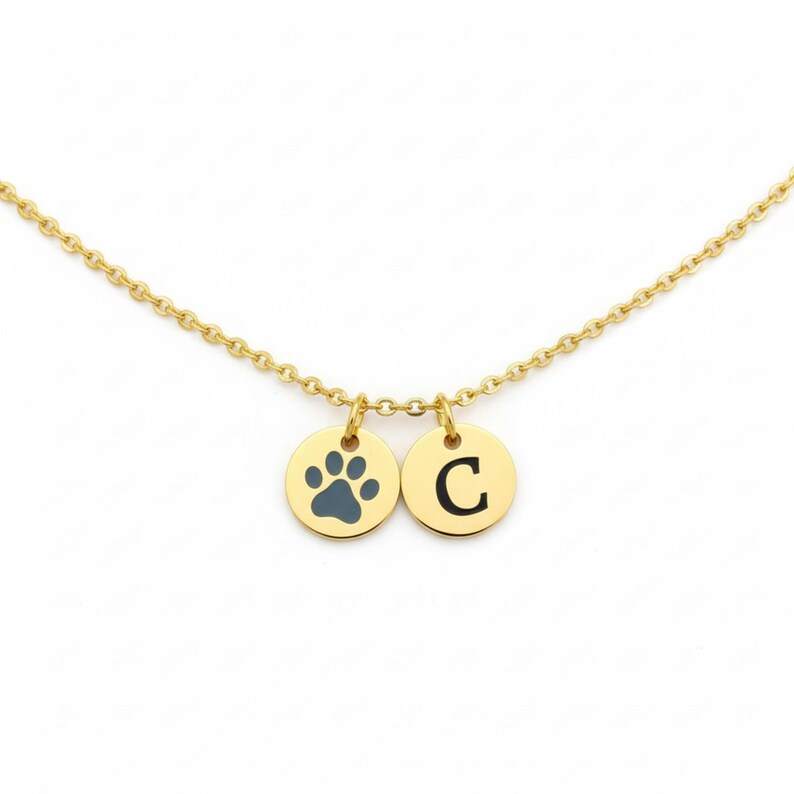 Op de afbeelding: Een goudkleurige ketting met twee ronde hangers. E&eacute;n hanger toont een blauwe pootafdruk en de andere de zwarte letter "C". De ketting is ook goudkleurig.