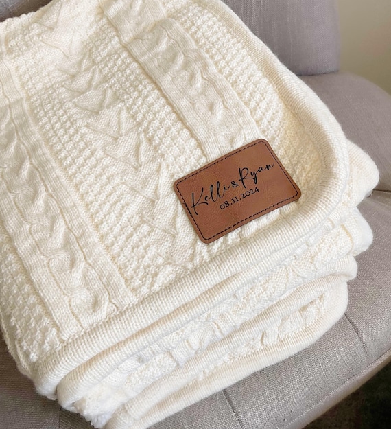 Personalized Cozy Cable Sherpa Blanket, Monogrammed Gift , Engraved Leather patch, Birthday Gift 2nd Anniversary gift, College gift