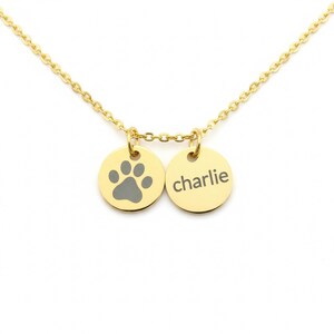 Op de afbeelding: Een goudkleurige ketting met twee ronde hangers. E&eacute;n hanger heeft een grijze pootafdruk en de andere heeft de naam "charlie" in zwart gegraveerd. De ketting is ook goudkleurig.