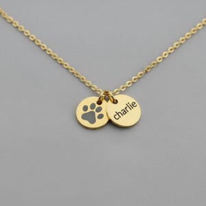 Op de afbeelding: Een goudkleurige ketting met twee ronde hangers. E&eacute;n hanger heeft een grijze pootafdruk, de andere heeft de naam "Charlie" gegraveerd. De ketting heeft een fijne ketting, tegen een effen grijze achtergrond.