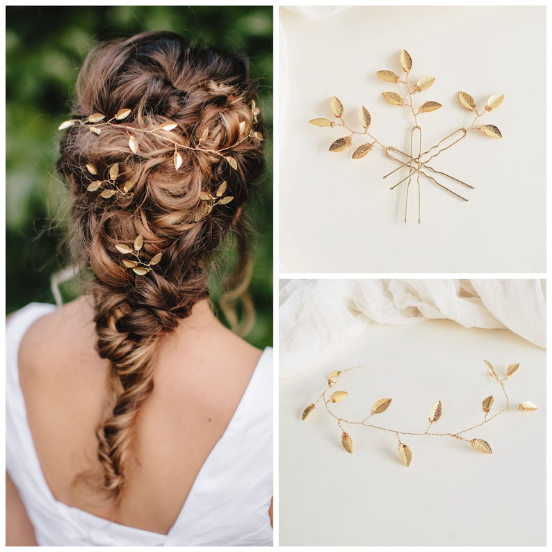 Gold Boho leaf hair vine and leaf hairpins for bridal or prom hair do. Bridesmaid hair pieces. Woodland or fairy hair. Hair do with long braid.