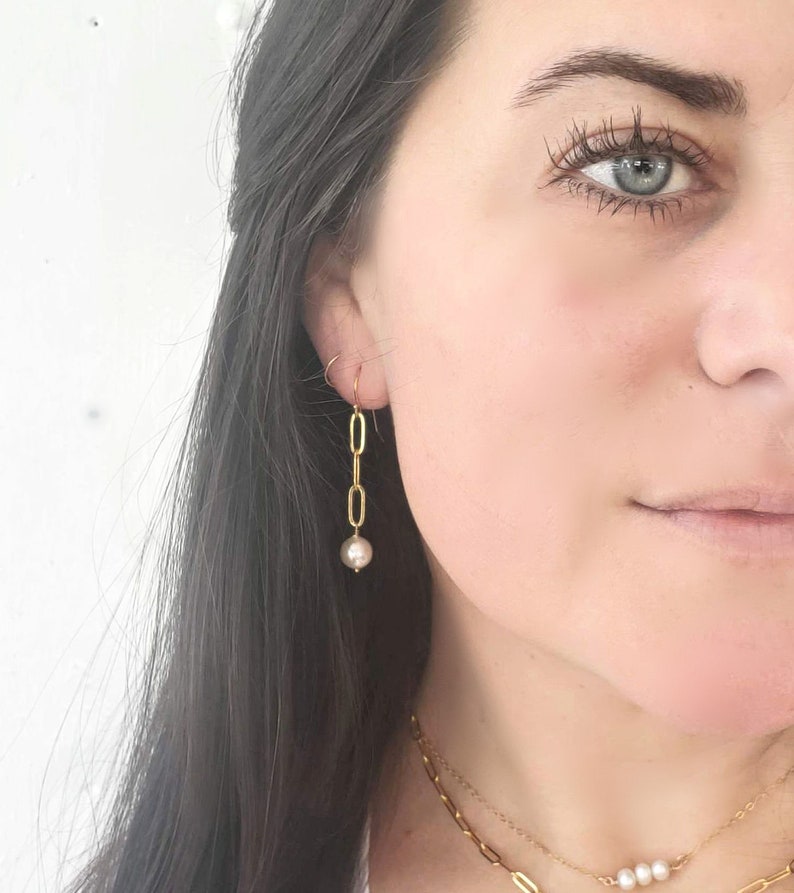 Gold Paperclip Earring Pearl Drop Earring Classic Dangle Etsy