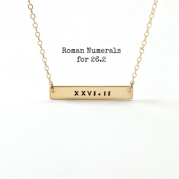 Running Necklace, Marathon Necklace, Roman Numeral Necklace,Half Marathon Jewelry, Runners, Gifts for Runners Gold Bar Necklace