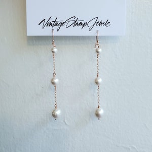 Pearl Drop Earrings, Bridal Earring, Wedding Jewelry, 14k Gold filled 3 size Tiered, Long Chain Earring, Rose Gold Chain, Clara Earrings image 6