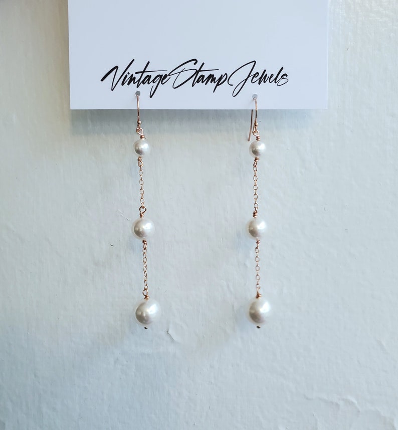 Pearl Drop Earrings, Bridal Earring, Wedding Jewelry, 14k Gold filled 3 size Tiered, Long Chain Earring, Rose Gold Chain, Clara Earrings image 6
