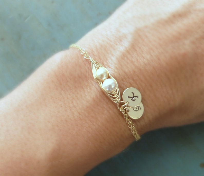 Personalized Pea Pod Bracelet,Initial Bracelet, Gift for Mom, 3 Pearl, Crystal Pearl, Sterling silver bracelet, gift for Grandma image 5