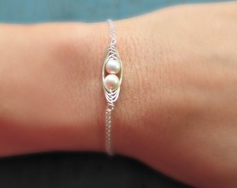 Two Pea Pod Bracelet, Mother of the Bride, 2 Pearl, Friendship Bracelet, Sterling silver, Birthstone, Twins Jewelry Gift under 30