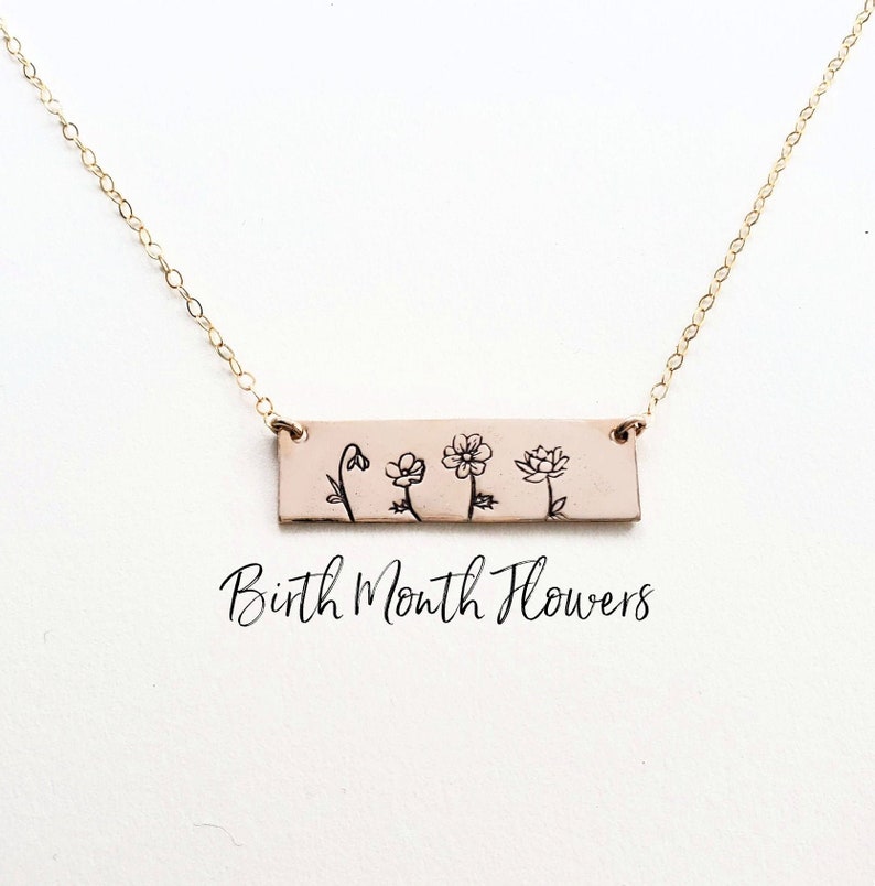 Wildflower Family Bar Necklace Gift for Her, 1-6 Flowers 14k Gold Filled Personalized Necklace,Grandma Gift,Flower Bar 