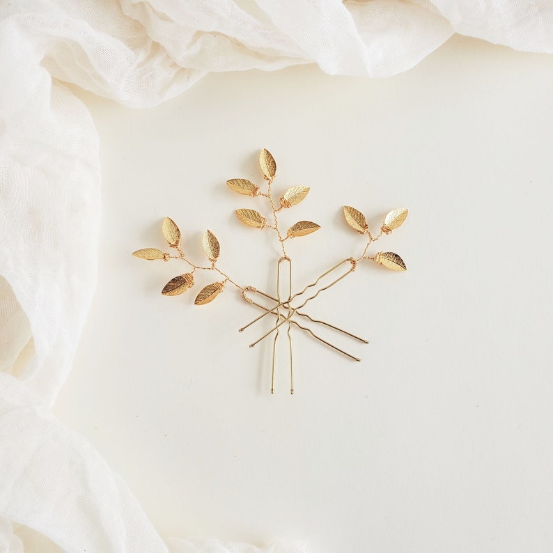 Gold Boho leaf hair vine and leaf hairpins for bridal or prom hair do. Bridesmaid hair pieces. Woodland or fairy hair. Hair do with long braid.