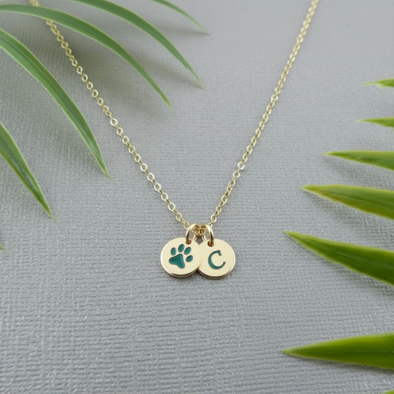 Op de afbeelding: Een goudkleurige ketting met twee ronde hangers. Een hanger heeft een groene pootafdruk en de andere de letter "C" in groen. De ketting wordt gepresenteerd tegen een grijze achtergrond met groene bladeren.