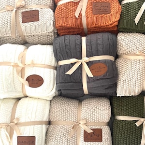 Personalized Cotton Blanket: Engraved Leather Patch, Personalized home gift, retirement gift, Corporate Gift, cable blanket