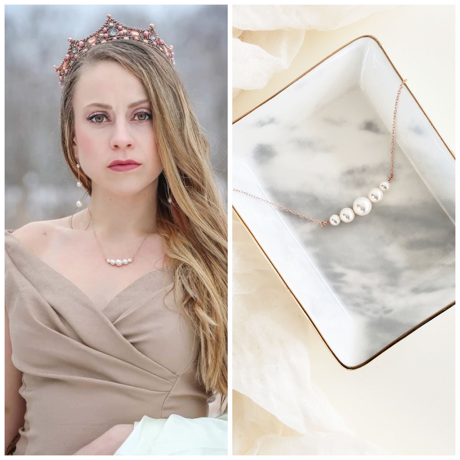 Bridal Pearl Necklace Rose Gold Necklace 3 Tier Pearl Etsy