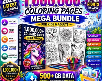 May include: A digital product bundle featuring 1,000,000+ colouring pages for kids and adults, including a unicorn cover, various black and white line art samples, coloured pencils, and icons indicating instant download, print ready, and commercial use.