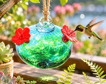 Vibrant Handcrafted Glass Hummingbird Feeder to Hang Outdoors, Whimsical Garden Gift for Bird Lovers