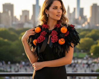 Gothic Feather Shoulder Cape – Halloween Statement Shawl with Roses & Pumpkin Accents for Costume Cape for Masquerade, Stage