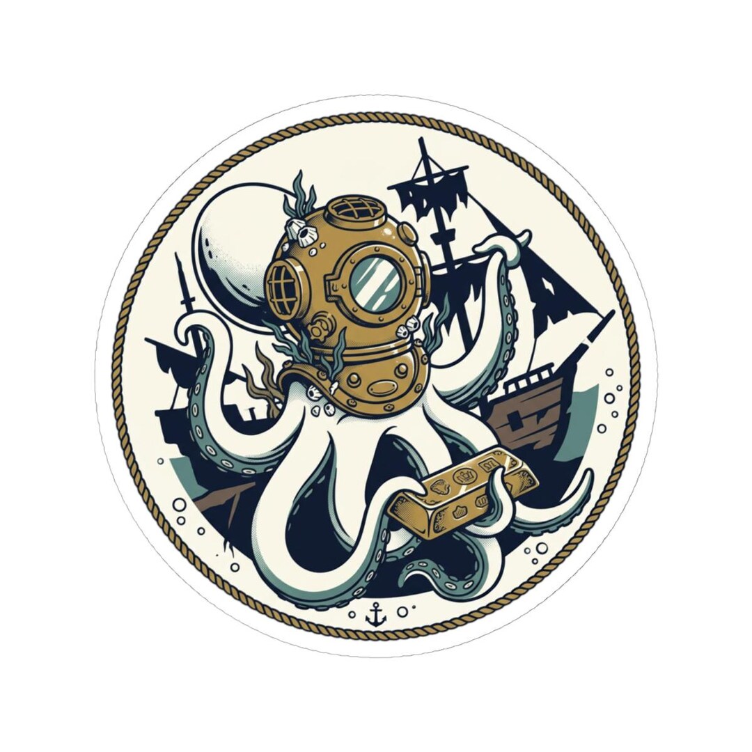 Diving Octopus With Vintage Helmet Sticker | Kiss-cut Sticker - Etsy