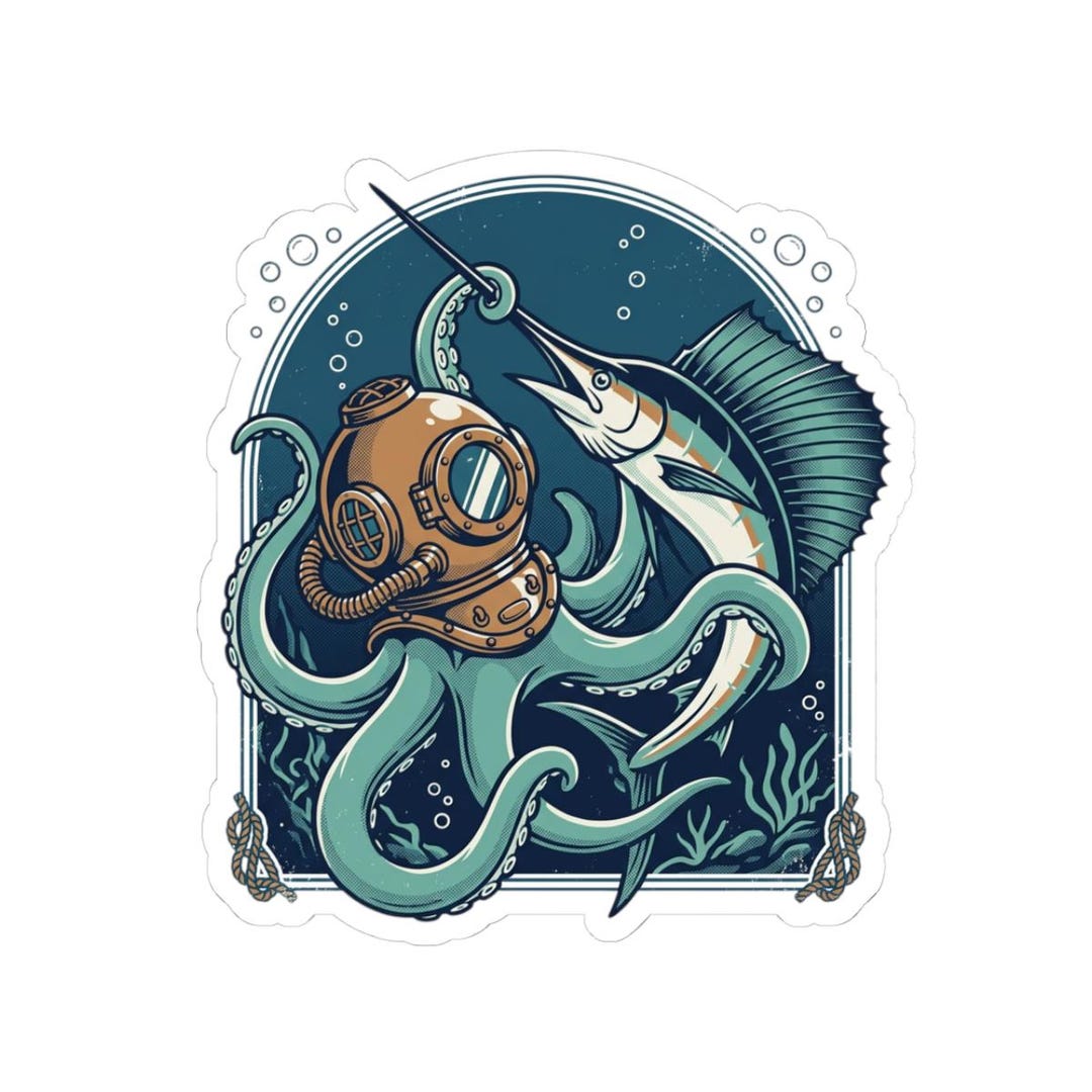 Diver Helmet Octopus Marlin Kiss-cut Sticker | Nautical Ocean Art - Etsy