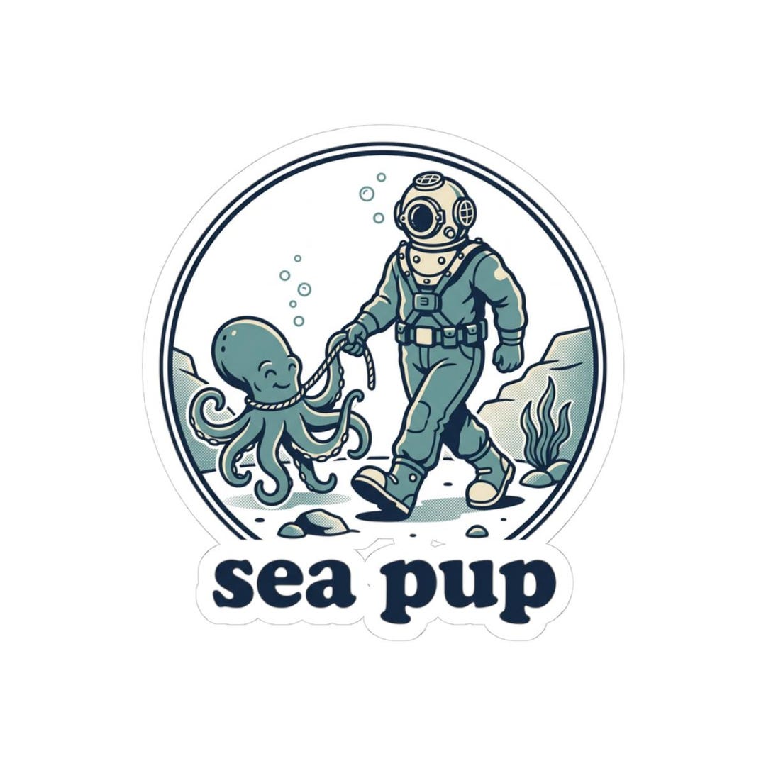 Sea Pup Diver and Octopus Sticker | Kiss-cut Vinyl Sticker - Etsy