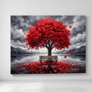 Red Tree Landscape, Black And White Nature Art, Empty Bench Poster, Moody Lake Decor, Scenic Print Unframed