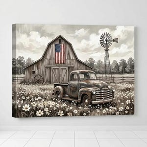 Rustic Farmhouse Barn Art, American Flag Canvas, Vintage Truck Print, Black and White Country Decor, Unframed Poster
