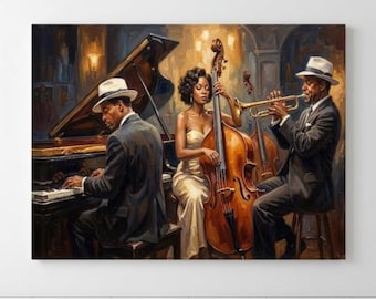 African American Jazz Band Art, Black Musicians Poster, Vintage Music Room Decor, Jazz Club Oil Painting, Unframed Print