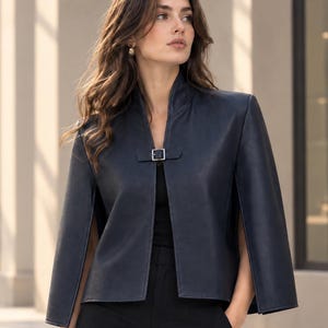 Leather Cape Jacket, Navy Blue Stand Collar Buckle Poncho, Minimalist Outerwear