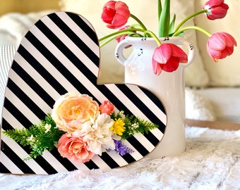 Farmhouse 13” Wood Heart with Black and White Stripes