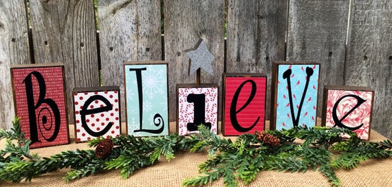 Christmas Decor Believe Wood Block Letter Set With Primitive Etsy