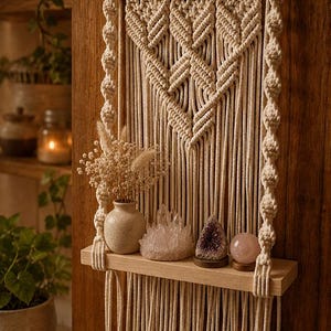 May include: A cream-colored macrame wall hanging featuring intricate knotted patterns and a horizontal wooden shelf. The shelf holds a small ceramic vase with dried flowers, a clear quartz cluster, an amethyst geode, and a smooth rose quartz sphere.